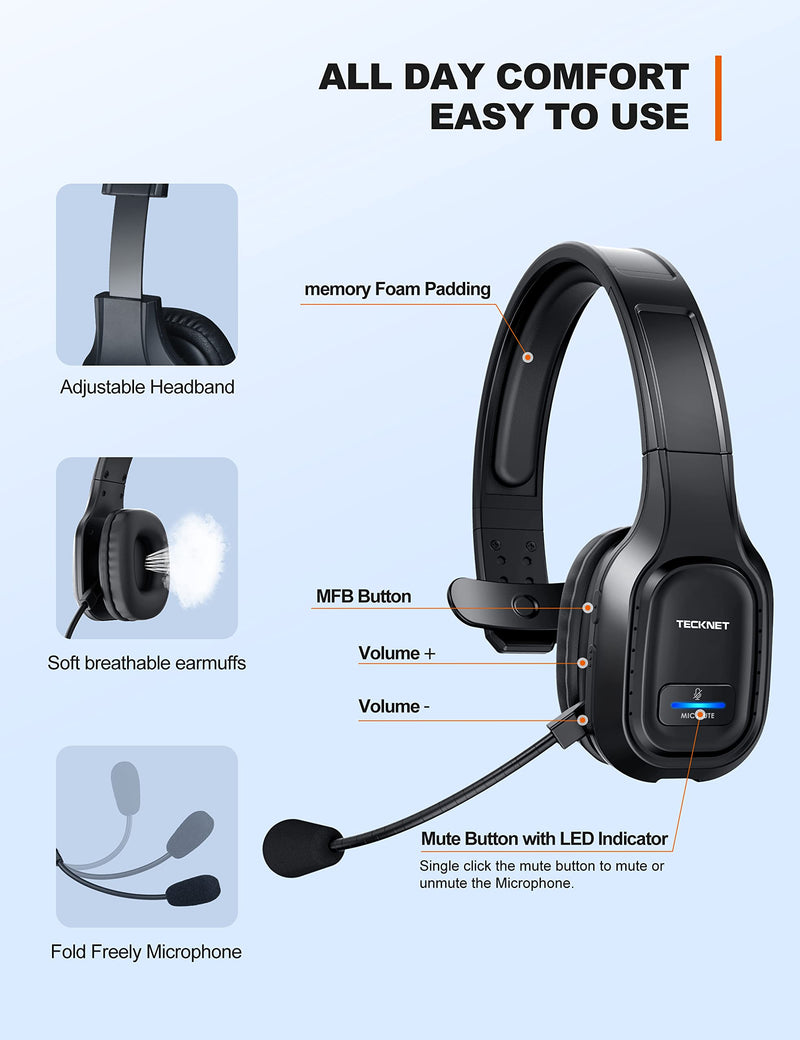  [AUSTRALIA] - TECKNET Trucker Bluetooth Headset with Microphone Noise Canceling Wireless On Ear Headphones, Hands Free Wireless Headset for Cell Phone Computer Office Home Call Center Skype (Black) Black