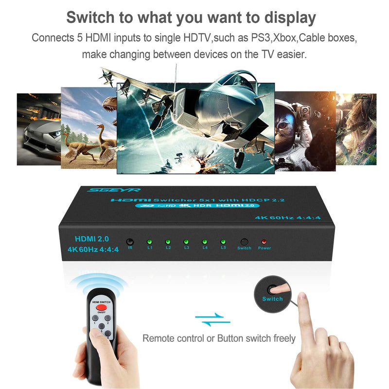  [AUSTRALIA] - SGEYR 4K@60Hz 5x1 HDMI Switch HDMI Selector Switch 5 Port HDR IR Remote 4K HDMI Selector Box 5 in 1 Out Auto Switch HDMI Switcher 2.0 HDCP 2.2, Full HD/3D Compatible with //DVD///Projector