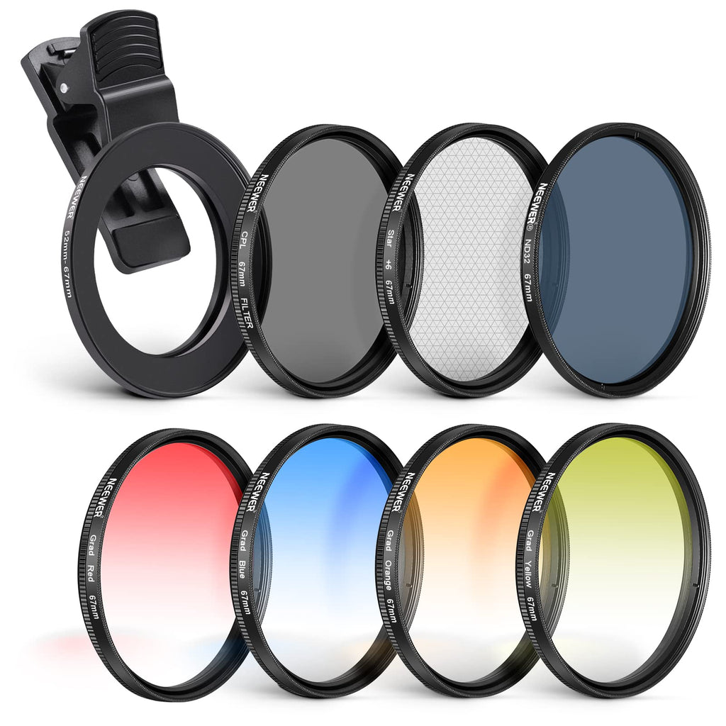  [AUSTRALIA] - NEEWER 67mm Clip On Filters Kit for Phone & Camera, CPL, ND32 ND Filter,Star Filter,4 Graduated Color Filter, 52-67mm Adapter Ring, Phone Lens Clip Compatible with iPhone 14 Pro Max 14 13 12 11