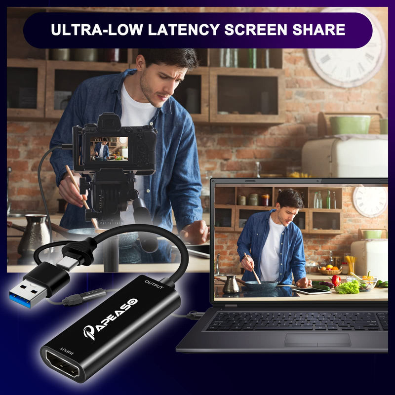  [AUSTRALIA] - Papeaso Capture Card, Video Capture Card HDMI to USB/Type-C 1080P 60FPS Game Capture Card for Streaming, Teaching, Video conferencing or Live Broadcasting Black