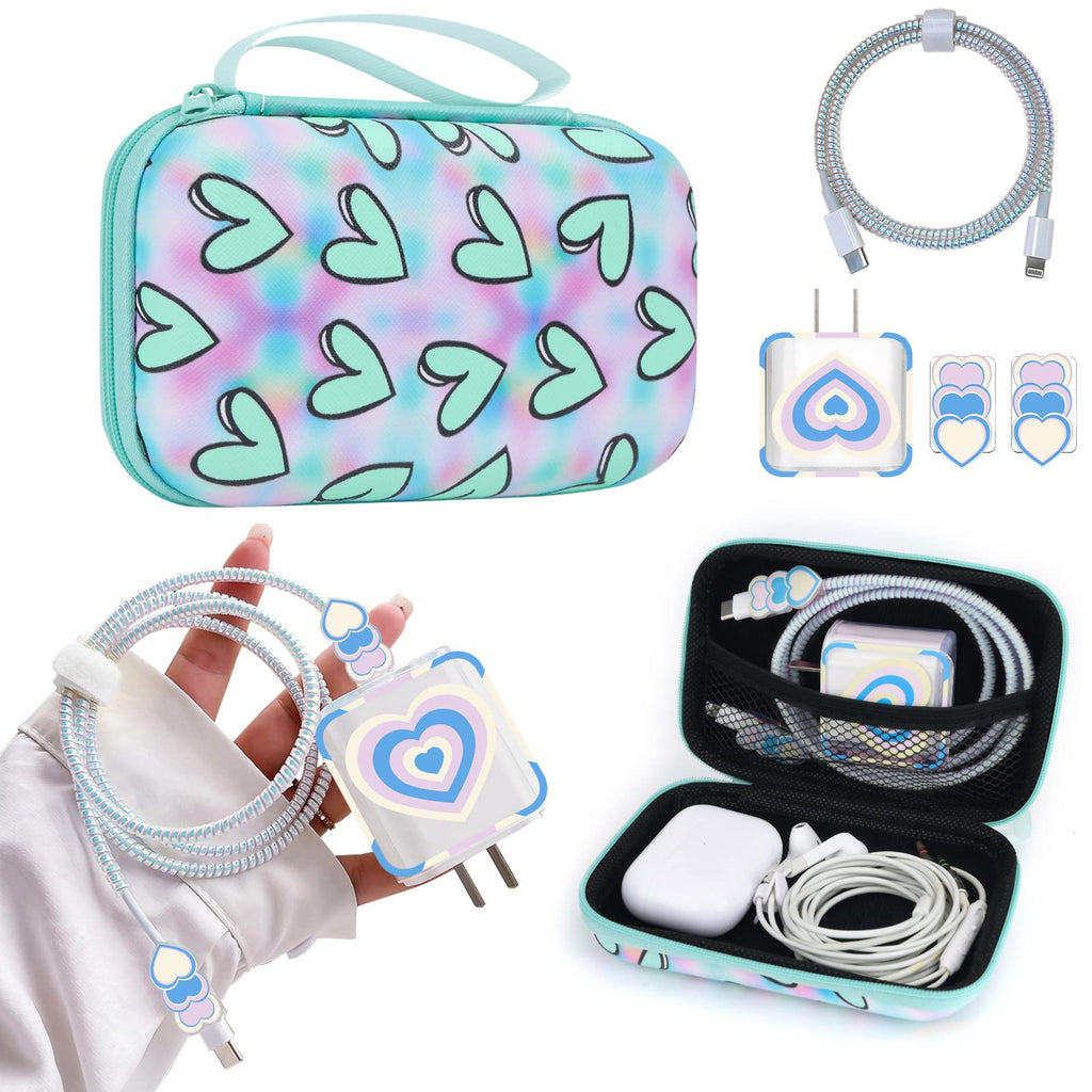  [AUSTRALIA] - Cute Phone Charger Case Set with kawaiiBlue 3D love heart cable Protector Carrying Case Bag with Lovely Heart Cable Protector Set,Travel Cable Organizer,Soft USB Phone accessories Earphone Charger Protector Cover Compatible for iPhone Blue Love