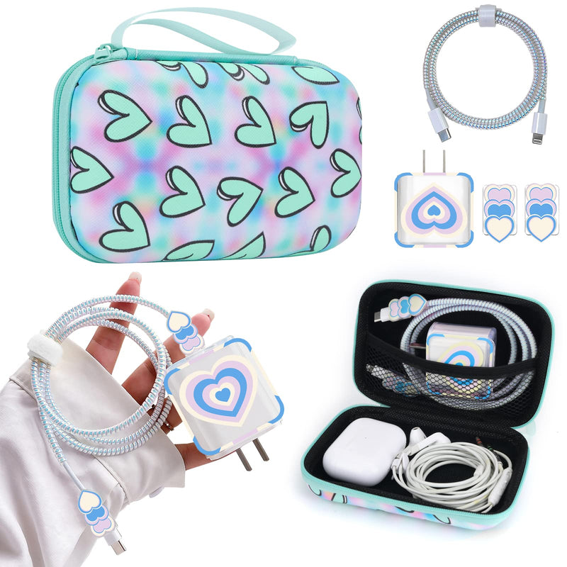  [AUSTRALIA] - Cute Phone Charger Case Set with kawaiiBlue 3D love heart cable Protector Carrying Case Bag with Lovely Heart Cable Protector Set,Travel Cable Organizer,Soft USB Phone accessories Earphone Charger Protector Cover Compatible for iPhone Blue Love