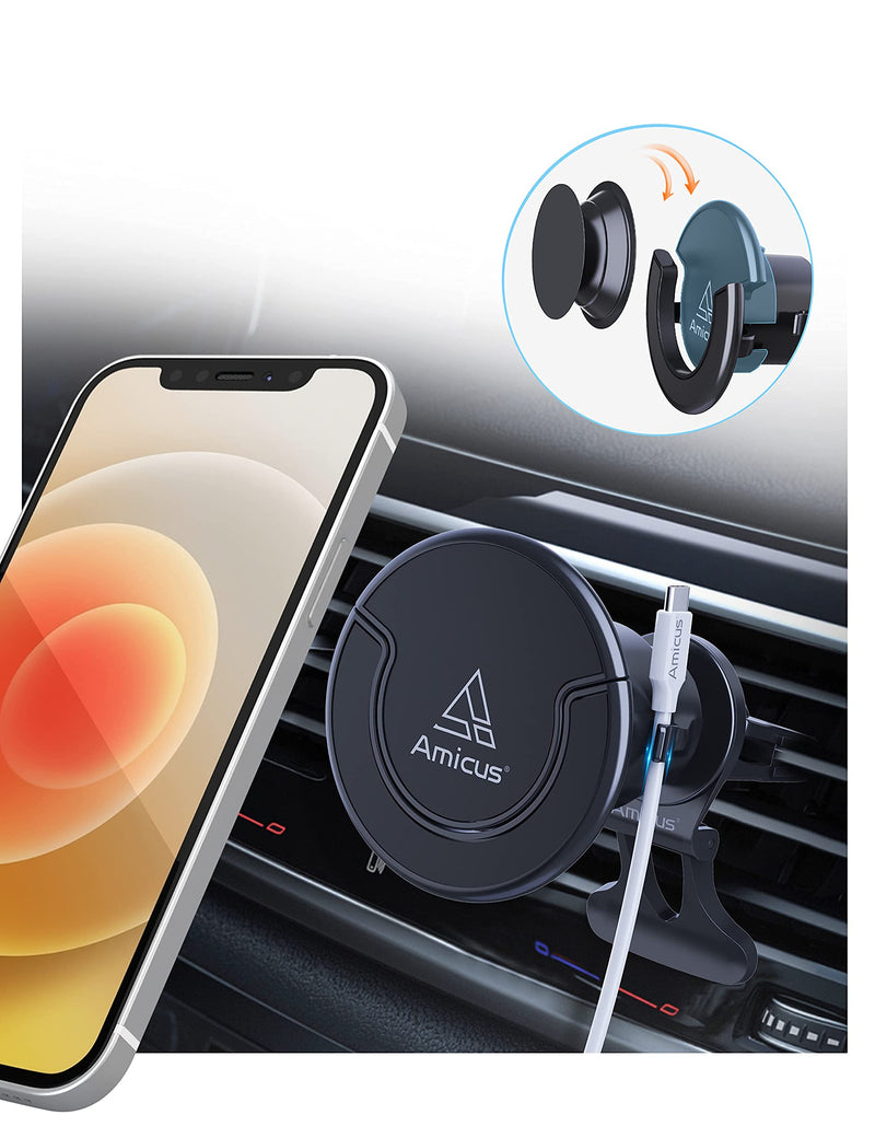  [AUSTRALIA] - Amicus Dual Magnetic Car Vent Phone Holder Mount for iPhone 13/12 Series,One Touch Switch to Collapsible Grip/Socket Mount Holder Compatible with Magsafe Case/Charger/Tablets/All Smartphones,Black Black-V