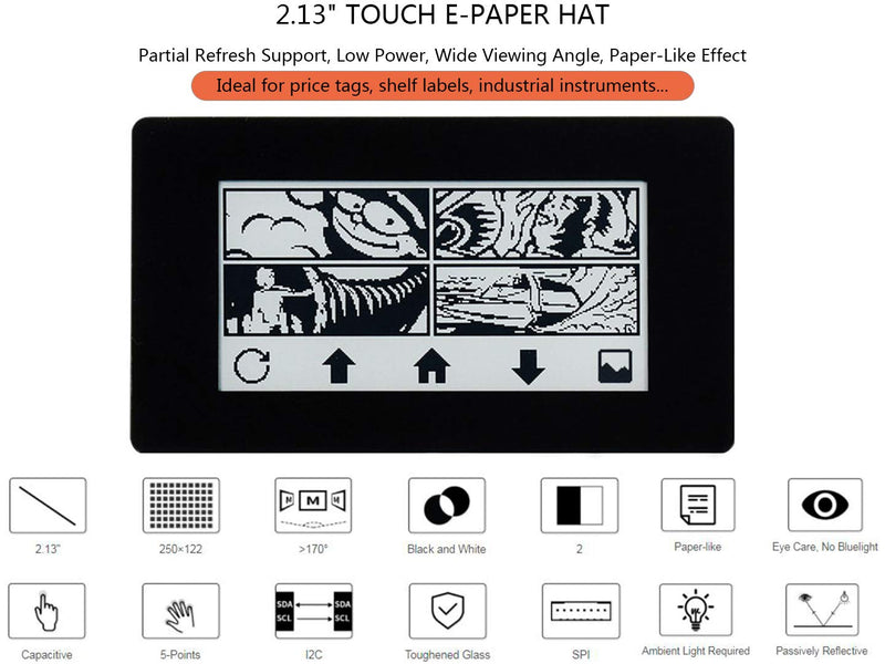  [AUSTRALIA] - Waveshare 2.13inch Touch e-Paper HAT for Raspberry Pi 4B/3B+/3B/2B/Zero/Zero W/Zero WH, 250x122 Pixels, Black White Two-Color, 5-Point Touch E-Ink Screen LCD, SPI Interface Support Partial Refresh