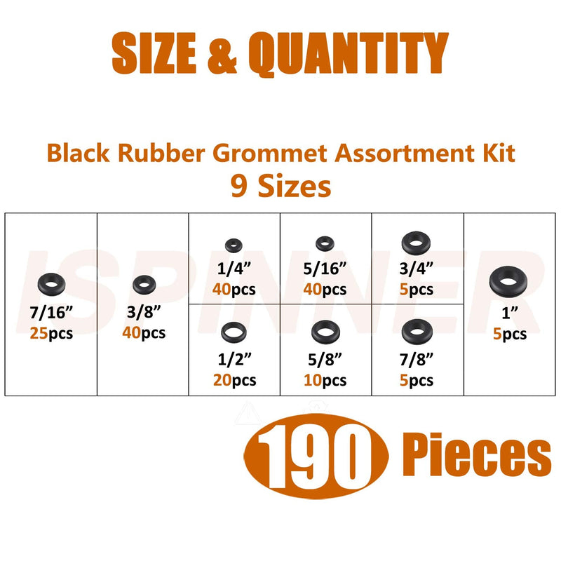  [AUSTRALIA] - ISPINNER 190pcs Rubber Grommet Assortment Kit, 9 Sizes Eyelet Ring Gasket 1/4" 5/16" 3/8" 7/16" 1/2" 5/8" 3/4" 7/8" 1" (Black) Black