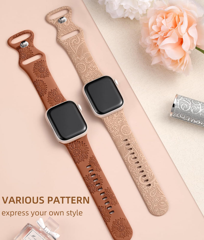  [AUSTRALIA] - Odbeai 2Pack Cute Fancy Engraved Bands Compatible for Apple Watch Band 40mm 41mm 38mm 42mm 44mm 45mm 49mm Women, Soft Silicone Strap for iWatch Bands All Series 8 7 6 5 4 3 2 1 SE Ultra, Multi-pattern B-Milk Tea+Caramel 38mm/40mm/41mm