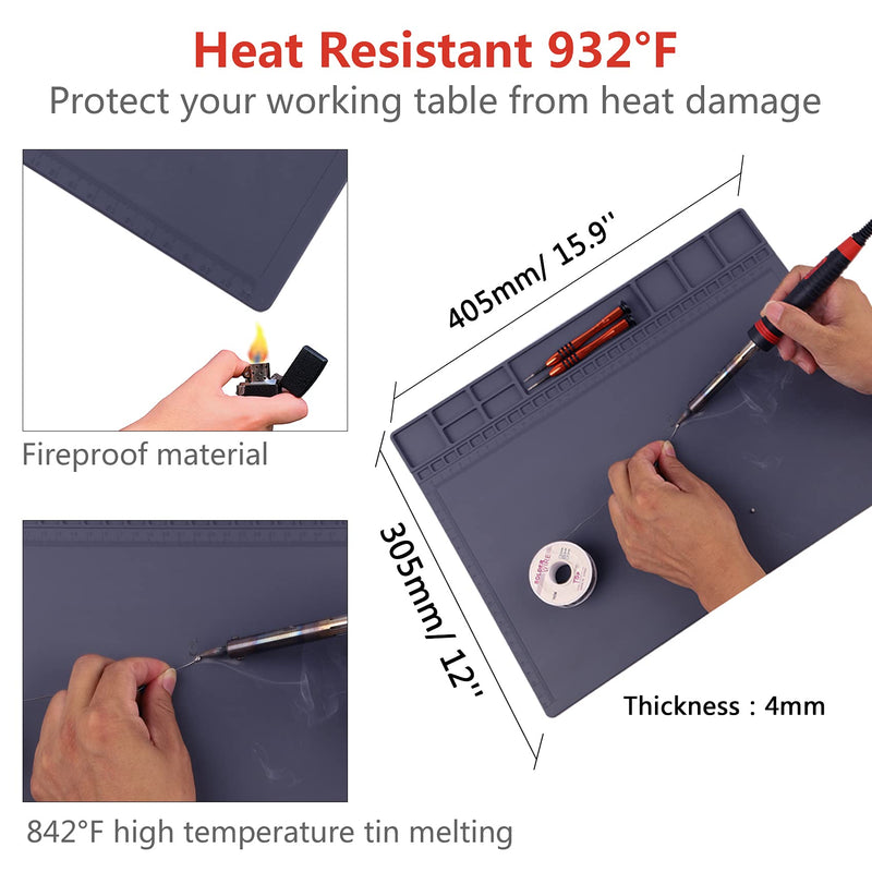 [AUSTRALIA] - Anti-Static Mat ESD Safe for Electronic Includes ESD Wristband and Grounding Wire, HPFIX Silicone Soldering Repair Mat 932°F Heat Resistant for iPhone iPad iMac, Laptop, Computer, 15.9” x 12” Grey