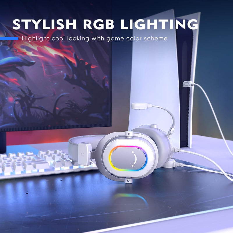  [AUSTRALIA] - FIFINE USB Gaming Headset, PC Headphones Wired with Microphone for Computer/Laptop/PS4, Over-Ear RGB Headset with 7.1 Surround Sound, Noise Cancellation for Streaming Video Game- AmpliGame H6 (White) White