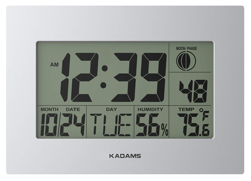  [AUSTRALIA] - KADAMS Digital Wall Shelf Clock with Alarm and Snooze Function, Calendar with Month Date Day, Indoor Temperature and Humidity, Moon Phase, Large Display – Silver Frame