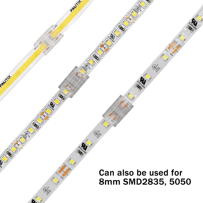  [AUSTRALIA] - COB LED strip connector set for 8mm width COB strip 2Pin, 4 pieces transparent center connectors, 2 pieces L-shape, 1 piece T-shape and 4 pieces dual-end extension wires 15cm with 1 piece DC 8mm COB connector upgraded