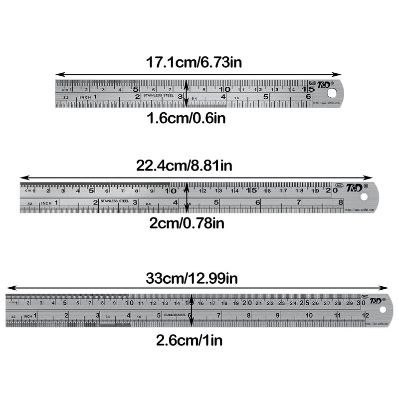  [AUSTRALIA] - 3Pcs Stainless Steel Ruler, 6in 8in 12in Metal Ruler, Straight Edge Ruler with Imperial (inch) and Metric (cm), 0.5mm and 1/64 inch High Accuracy Measurement