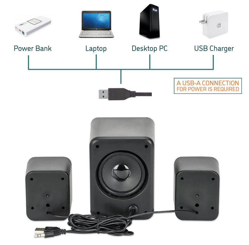  [AUSTRALIA] - Manhattan Bluetooth USB Powered Stereo Speaker System - with Subwoofer and 2 Satellite Speakers, 3 Audio Connection Modes - for Computer, PC, Laptop, Desktop - 3 Yr Mfg Warranty - Black - 167345