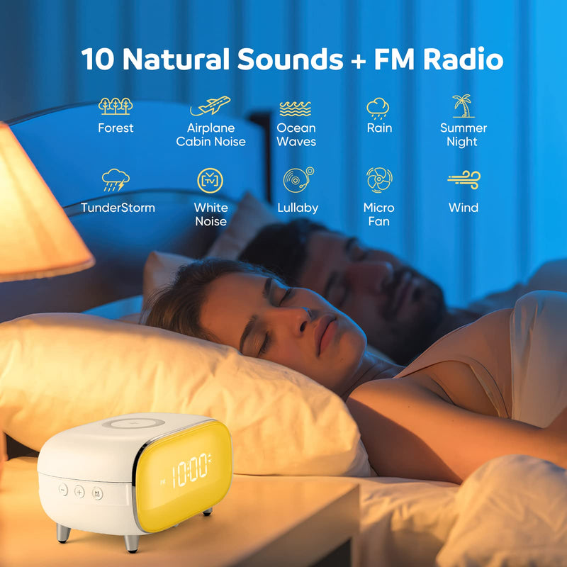  [AUSTRALIA] - Sunrise Alarm Clock with Sunrise Simulation, Wake Up Light with Snooze, Wireless Charger, Bluetooth Speaker, FM Radio, White Noise Machine, Night Light. Ideal Gift for Kids, Heavy Sleepers, Elders