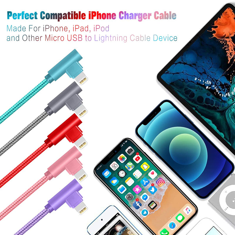  [AUSTRALIA] - iPhone Charger Cord Right Angle Lightning Cable 6FT 5 Pack 90 Degree Nylon Braid Charging Cord Fast Charging Compatible for iPhone 12/12pro/11/11pro/XS/MAX/XR/X/8P/8/7P/7/6 iPad