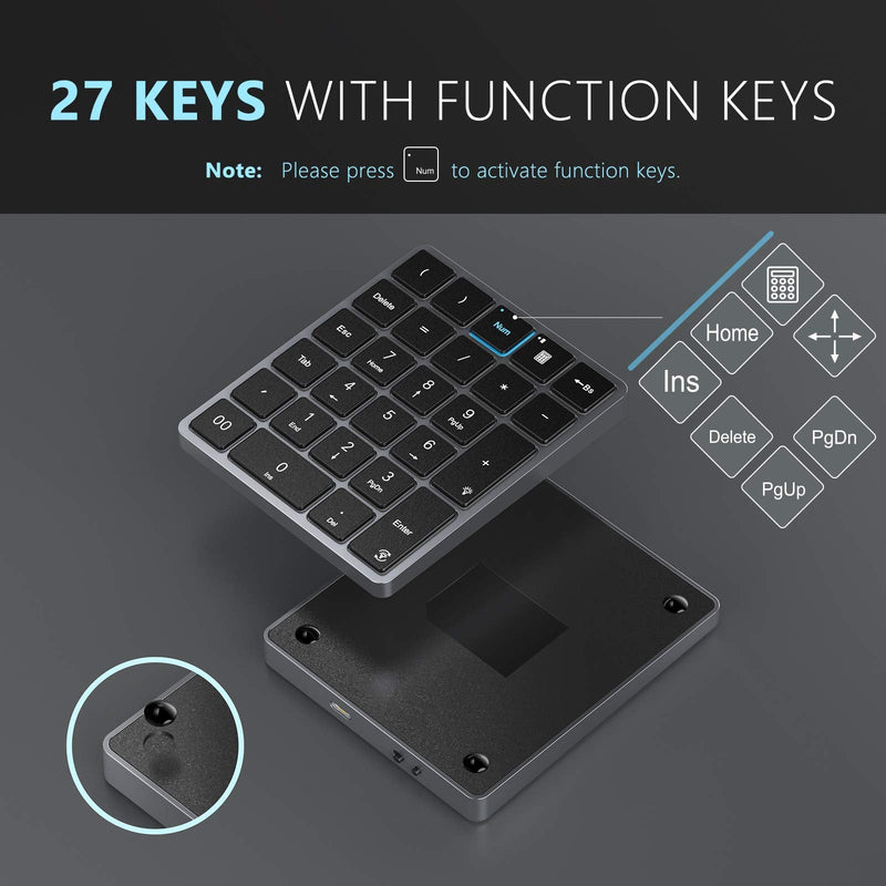  [AUSTRALIA] - 2.4G USB Wireless Backlit Numeric Keypad, Rechargeable Slim Number Keypad with 27 Keys for Computer, Laptop, PC with Windows System, Space Gray