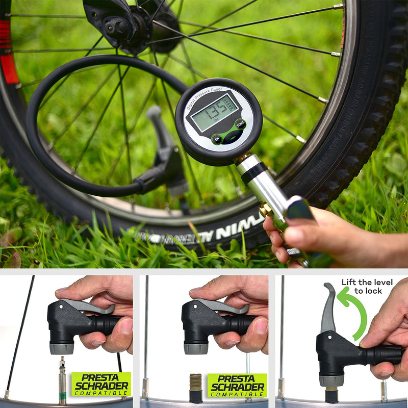 Digital Universal Bicycle Tire Inflator Gauge with Auto-Select Valve Type - Presta and Schrader Air Compressor Tool - LeoForward Australia