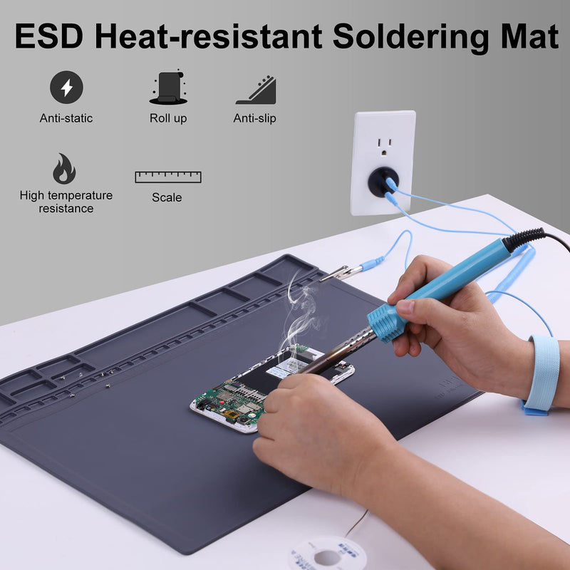  [AUSTRALIA] - Anti-Static Mat ESD Safe for Electronic Includes ESD Wristband and Grounding Wire, HPFIX Silicone Soldering Repair Mat 932°F Heat Resistant for iPhone iPad iMac, Laptop, Computer, 15.9” x 12” Grey