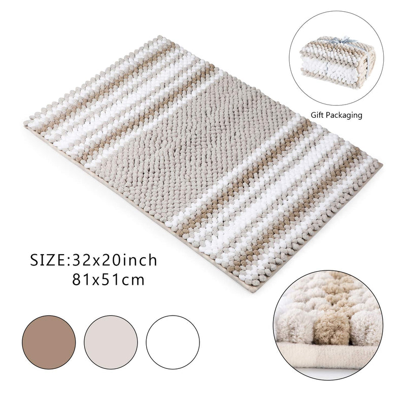  [AUSTRALIA] - WELTRXE Chenille Striped Bath Rug Non-Slip Beige and White Bathroom Rug Mat, 32x 20, Extra Soft and Absorbent Shaggy Rugs, Machine Washable Plush Carpet Mats for Tub, Shower, Bath Room, Kitchen