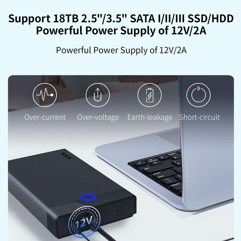  [AUSTRALIA] - SSK Hard Drive Enclosure USB3.0 to SATA Lay-Flat Hard Drive Reader Dock for 2.5 3.5 inch SATA SSD/HDD up to 18TB Tool-Free External Laptop Hard Drive Enclosure Docking Station Supports UASP Trim