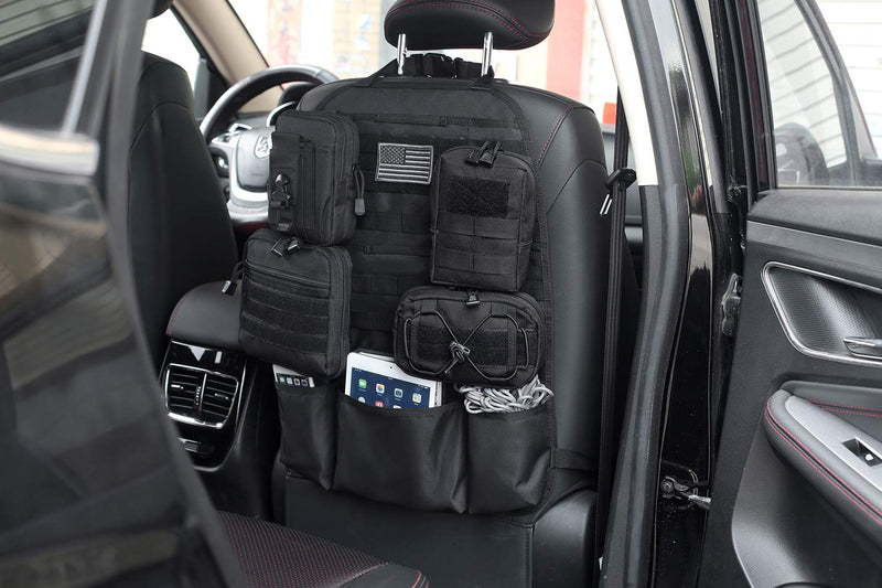  [AUSTRALIA] - Tacticool Car Seat Back Organizer - Upgraded Tactical Molle Vehicle Panel Universal Fit Car Seat Cover Protector with Extra USA Flag Patch (Black) Black