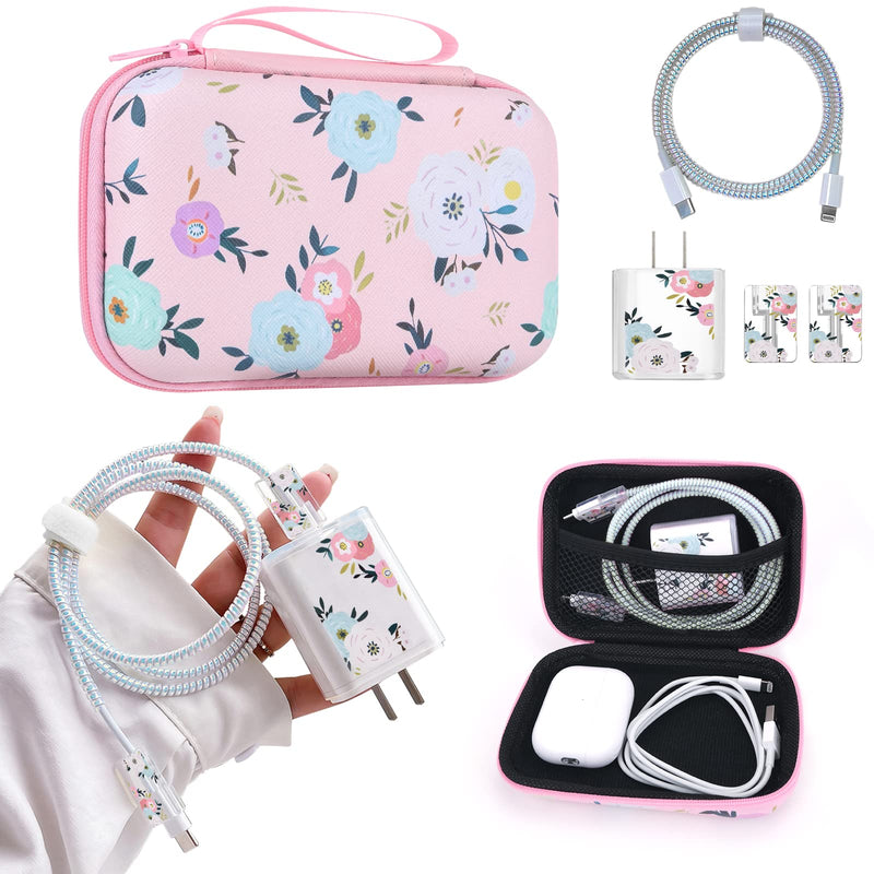  [AUSTRALIA] - Cute Floral Phone Charger Storage Case Cover Set Colorful White Camellia Flowers Pattern Carrying Bag with Cable Protector Cord Organizer, Lightning Cable Chomper,Charger Saver Compatible for iPhone Colorful Flowers