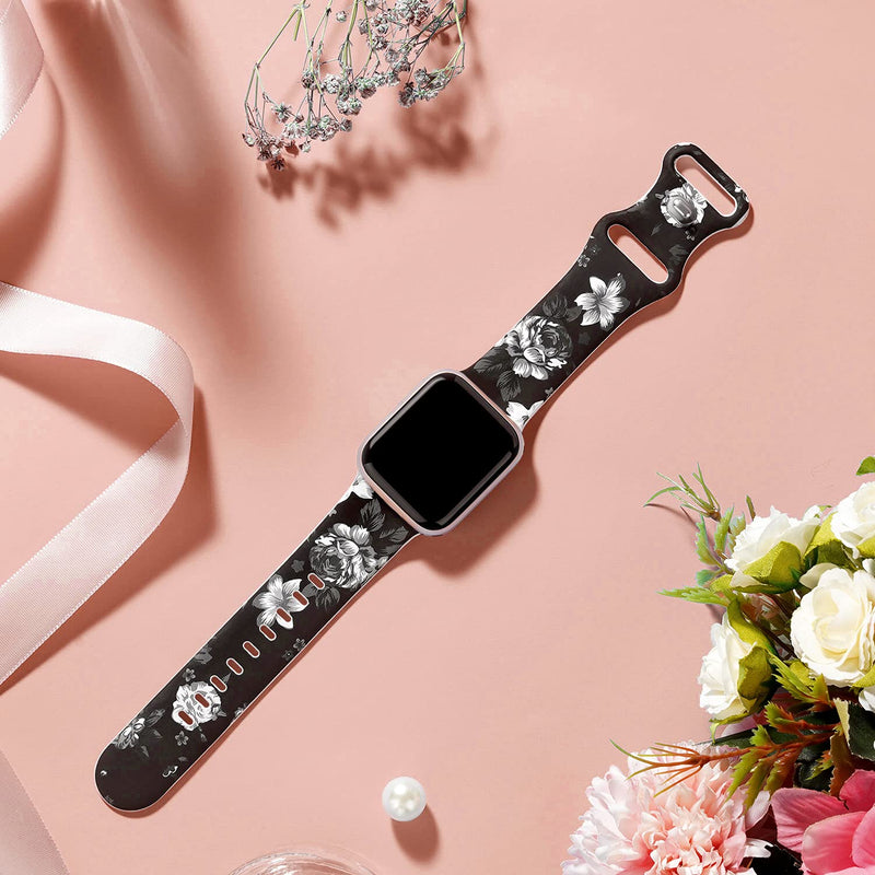  [AUSTRALIA] - OriBear Watch Band Compatible with Apple Watch Bands 38mm 40mm 41mm Elegant Floral iWatch Bands for Women, Soft Silicone Pattern Printed Replacement Strap for Apple Watch Series SE/7/6/5/4/3/2/1 Black Temptation 38mm/40mm/41mm S/M