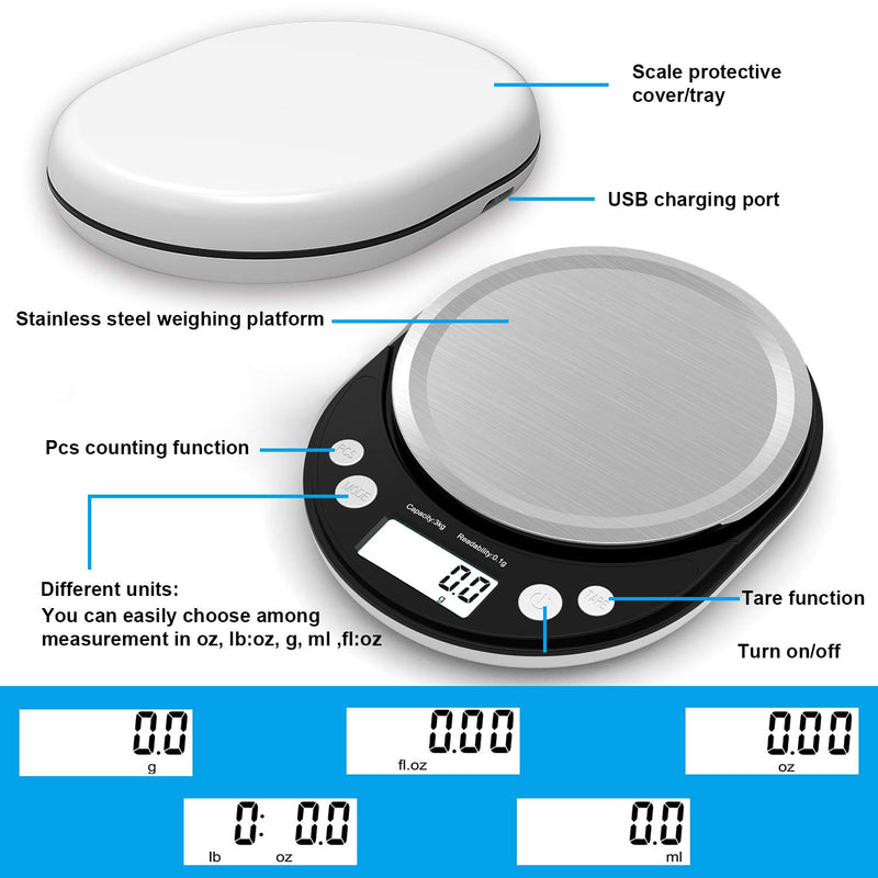  [AUSTRALIA] - Digital Food Scale, 6.6LB Kitchen Scale with USB Charging Cable Readability 0.1G/0.003 OZ, Food Scales Digital Weight Gram and OZ Cooking Scale with Protective Cover/Tray (Not Rechargeable Battery)