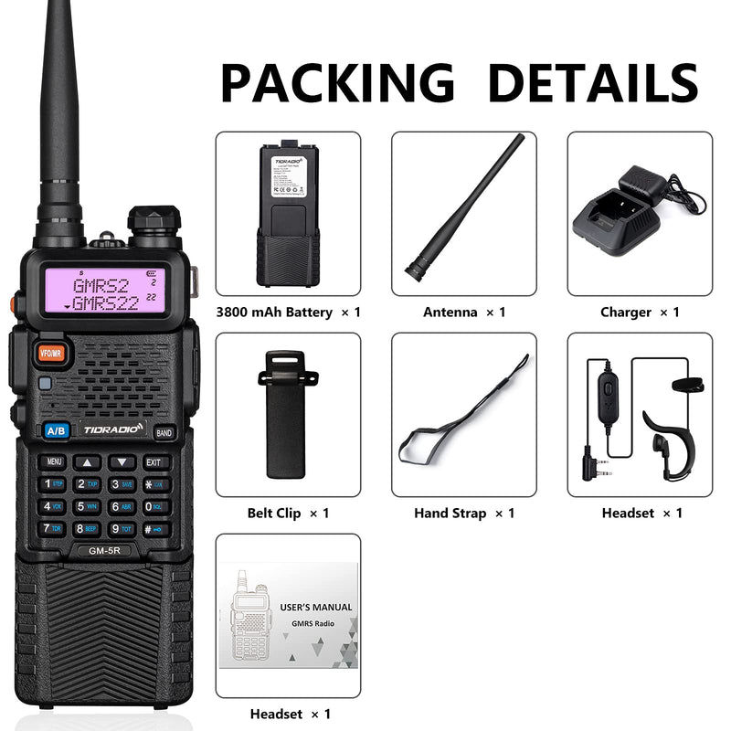  [AUSTRALIA] - TIDRADIO GM-5R GMRS Handheld Radio 5W Rechargeable Handheld Radio Two Way Radio GMRS Repeater Capable with 3800mAh Extended Battery and NOAA Weather Alerts & Scan 1 Pack-Black