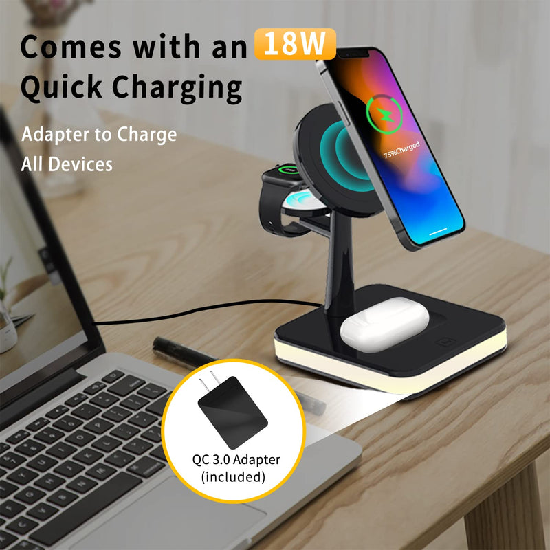  [AUSTRALIA] - Acdoob 4 in 1 Magnetic Wireless Charging Station, Fast Wireless Charger Stand Dock Compatible with MagSafe iPhone 13/12/Pro/Pro Max/Mini, iWatch and Airpods 3/2/Pro with Night Light&18W QC3.0 Adapter