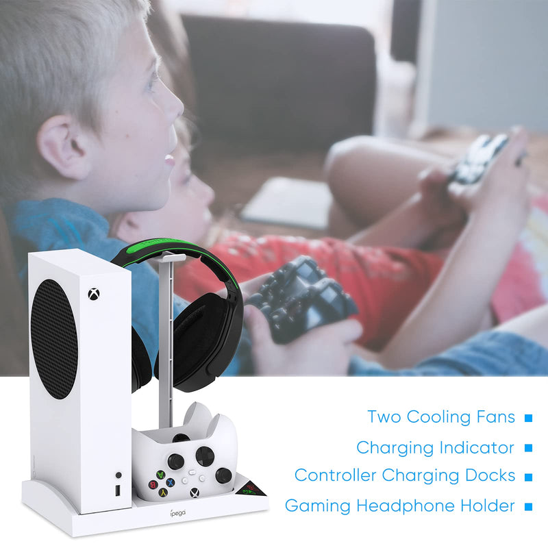 Upgraded Vertical Cooling Fan Stand for Xbox Series S, Cooler Fan System Dual Controller Charging Dock Station with 2 x 1400mAh Rechargeable Battery Pack, Headphone Bracket for Xbox Series S (White) White - LeoForward Australia