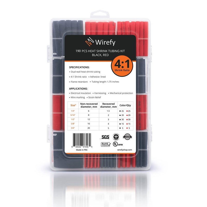  [AUSTRALIA] - Wirefy 190 PCS Heat Shrink Tubing Kit - 4:1 Dual Wall Tube - Adhesive Lined - Marine Shrink Tubing - Black, Red Length: 1.75" - Black, Red - 190 PCS