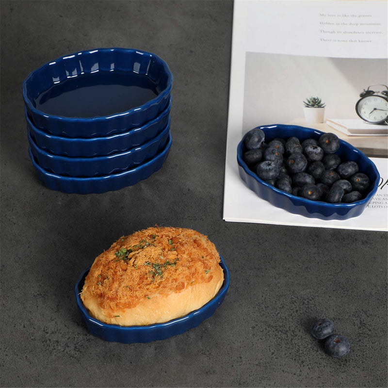  [AUSTRALIA] - ONTUBE Porcelain Oval Shape Tart Pans 4 Ounce for Creme Brulee Dishes,Ramekins, Dipping Sauces,Baking Pudding Cups, Souffle Dish Set of 6 (Navy) Navy