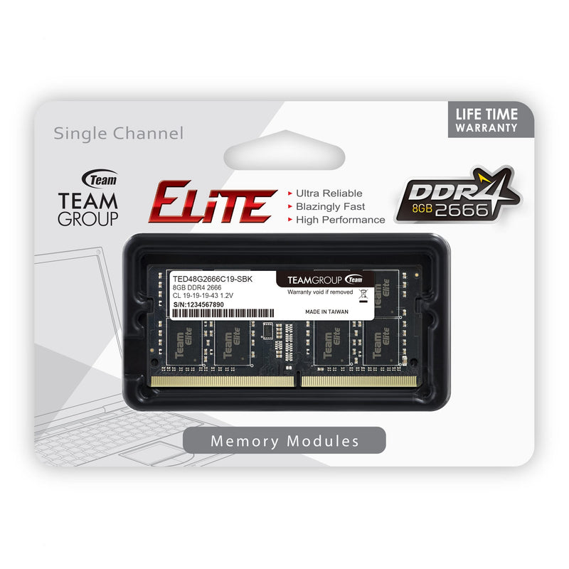  [AUSTRALIA] - TEAMGROUP Elite DDR4 8GB Single 2666MHz PC4-21300 CL19 Unbuffered Non-ECC 1.2V SODIMM 260-Pin Laptop Notebook PC Computer Memory Module Ram Upgrade - TED48G2666C19-S01