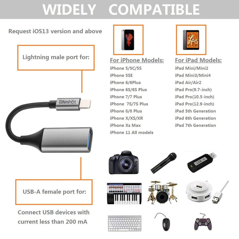  [AUSTRALIA] - sunshot USB Camera Adapter, USB Female OTG Adapter Compatible with Phone 12 11 X SE 8 7 and Pad, Support Camera, Card Reader, USB Flash Drive, Mouse, Keyboard, Hubs, MIDI