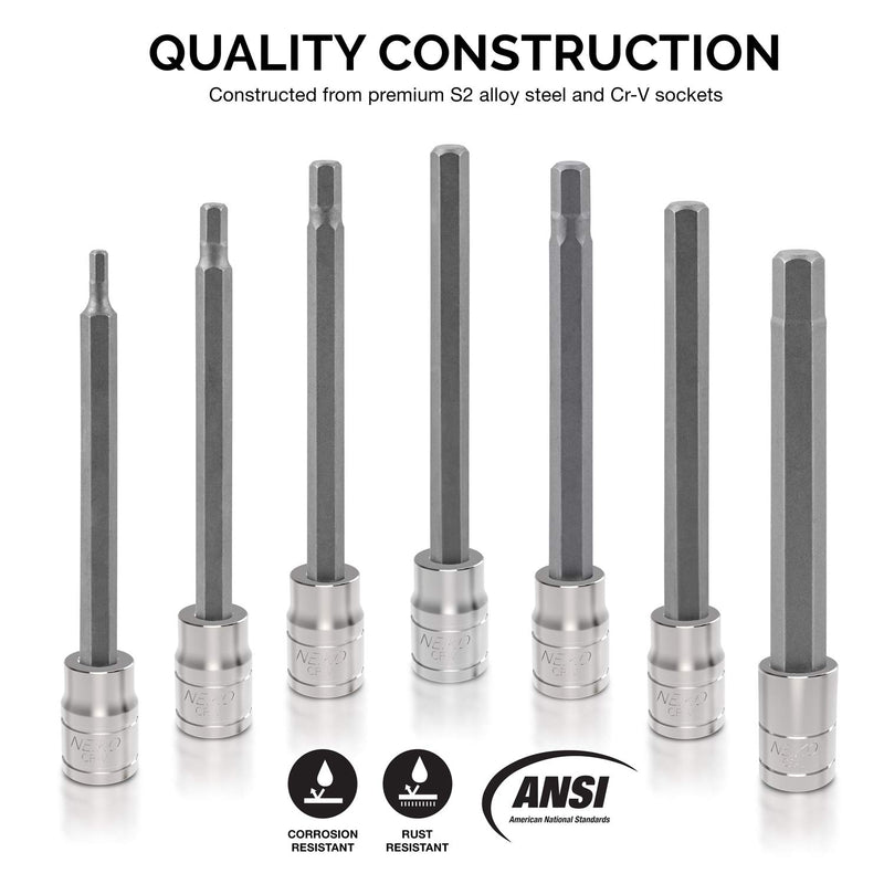  [AUSTRALIA] - Neiko 10076A 3/8” Drive Extra Long Allen Hex Bit Socket Set, Metric, 3mm to 10mm | 7-Piece Set, S2 and Cr-V Steel