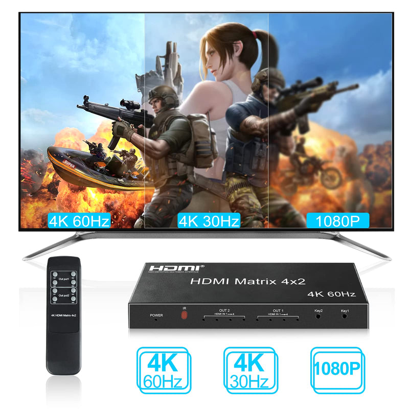  [AUSTRALIA] - FERRISA 4x2 HDMI Matrix, 4K@60Hz 4 in 2 Out HDMI Switch Splitter with IR Remote, HDMI Matrix Switch + Optical + 3.5mm Audio Output, Support HDMI2.0, HDCP2.2, Auto Downscaler, 3D, Audio Extractor 4K 60Hz HDMI Matrix 4X2