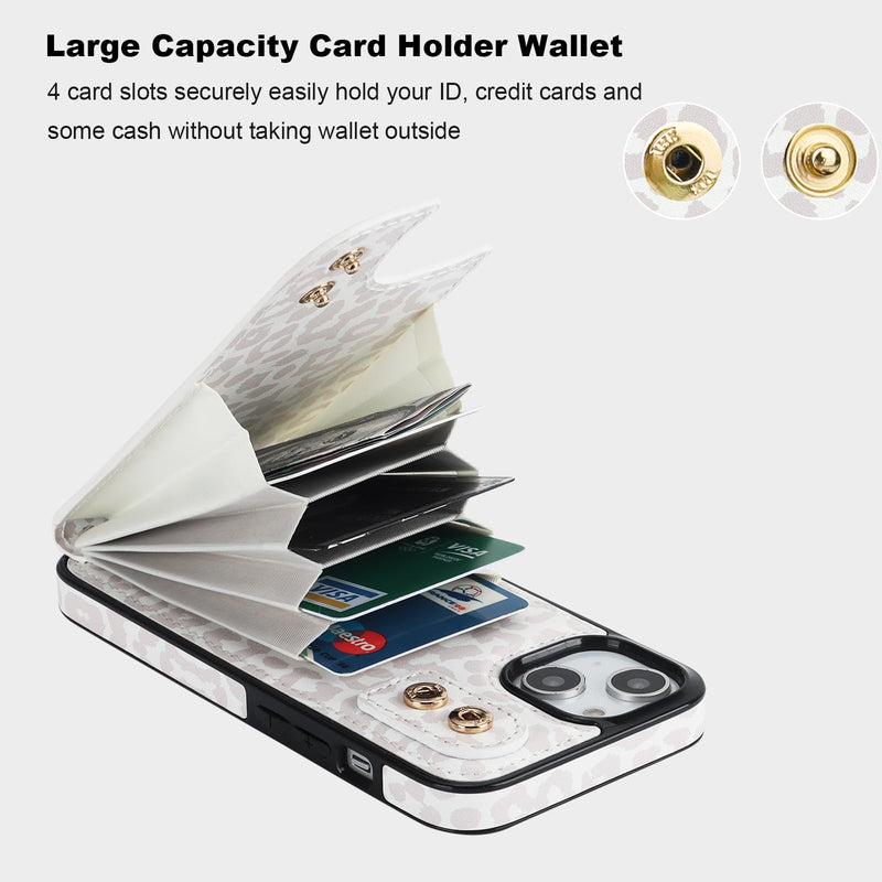  [AUSTRALIA] - HAOPINSH for iPhone 13/ iPhone 14 Wallet Case with Card Holder, 360°Rotation Ring Kickstand, White Leopard Cheetah Pattern, RFID Blocking Leather for Girls Women, Double Buttons Flip Protective 6.1"