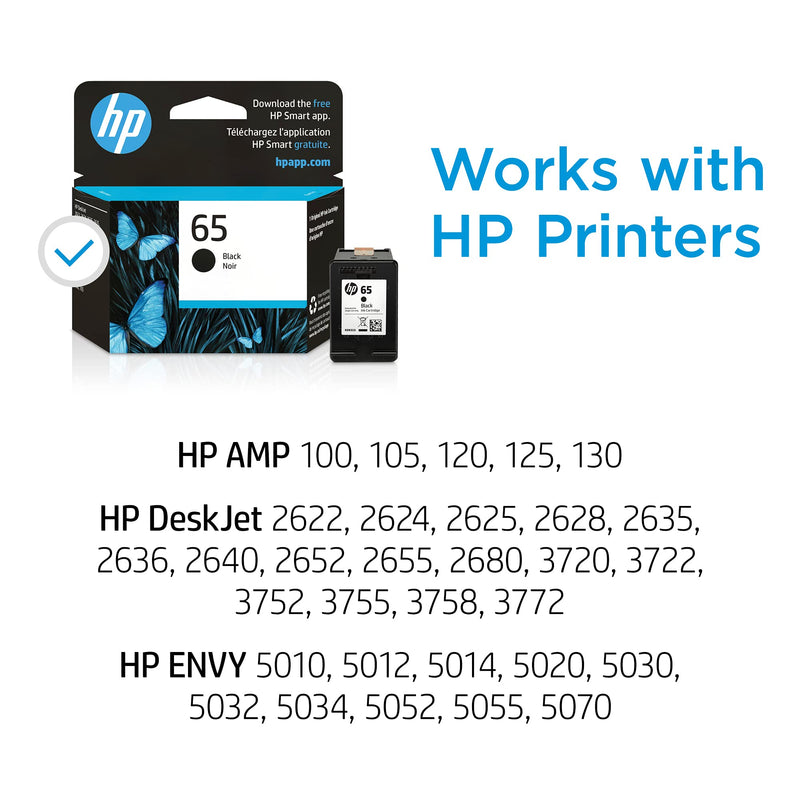 Original HP 65 Black Ink Cartridge | Works with HP AMP 100 Series, HP DeskJet 2600, 3700 Series, HP ENVY 5000 Series | Eligible for Instant Ink | N9K02AN 1 Pack - LeoForward Australia