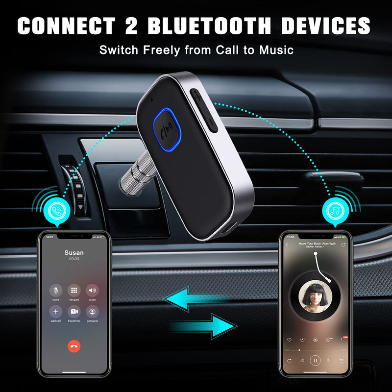 [2021 Upgraded] COMSOON Bluetooth 5.0 Receiver for Car, Noise Cancelling Bluetooth AUX Adapter, Bluetooth Music Receiver for Home Stereo/Wired Headphones/Hands-Free Call,16H Battery Life-Black+Silver - LeoForward Australia