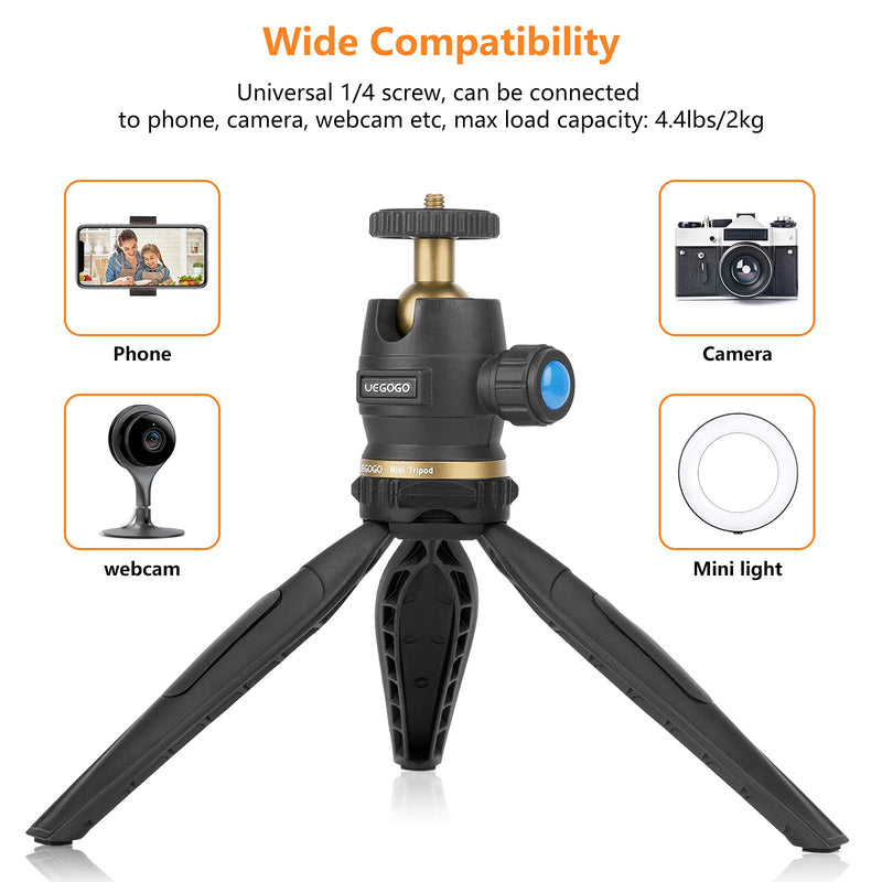  [AUSTRALIA] - UEGOGO Mini Tripod, Phone Tripod Stand with Universal Clip, Tabletop Small Tripod for iPhone/Cell Phone/Cameras/Projector, Perfect for Vlogging, Live Streaming (Golden) Golden