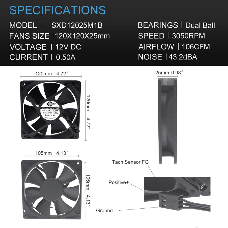  [AUSTRALIA] - SXDOOL 120MM 12V Waterproof PC Cooling Fan,120X120X25MM Dual Ball Bearing High Speed Air Flow