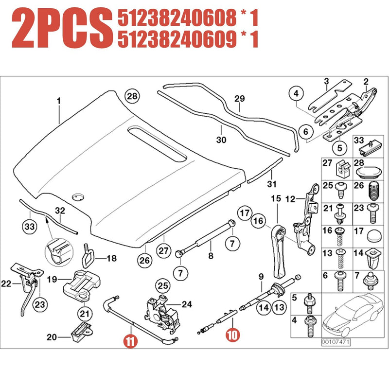 AUTOPA Front 51238240608 + Center 51238240609 Hood Release Bowden Cable Kit for BMW 7er E65 E66 Front + Center - LeoForward Australia