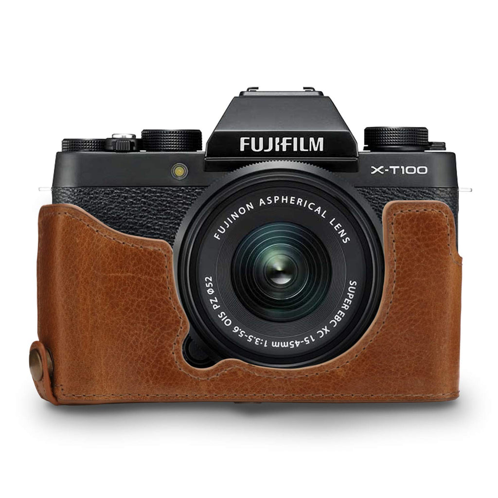  [AUSTRALIA] - MegaGear Ever Ready Genuine Leather Camera Half Case and Strap Compatible with Fujifilm X-T100 Brown