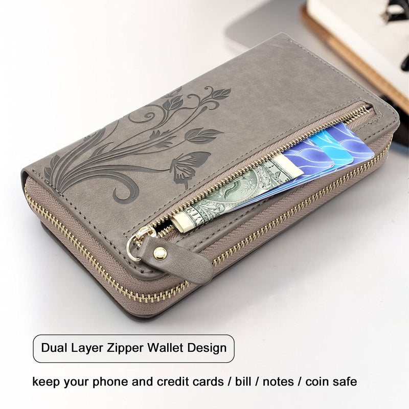 [AUSTRALIA] - Lacass for Samsung Galaxy A54 5G 2023 Crossbody Dual Zipper Detachable Magnetic Leather Wallet Case Cover Wristlets Wrist Strap 13 Card Slots Money Pocket (Floral Gray) Floral Gray