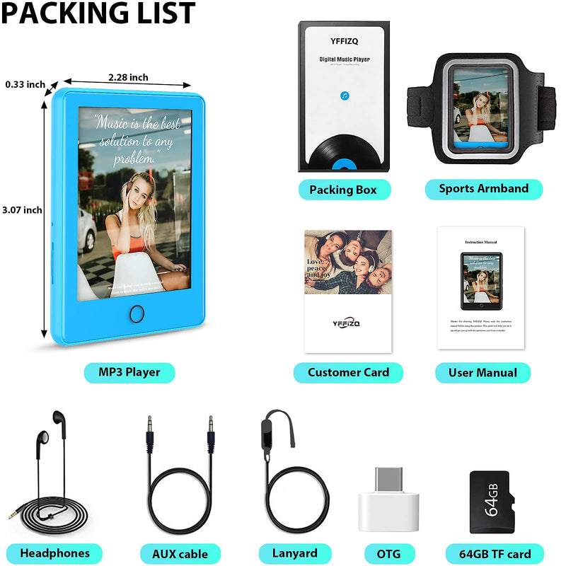  [AUSTRALIA] - 96GB MP3 Player with Bluetooth 5.1,2.8'' Full Touch Screen MP4 MP3 Player with Speaker,Portable HiFi Lossless Sound MP3 Music Player with FM Radio,Voice Recorder,E-Book,Armband,Support up to 128GB Blue-96GB