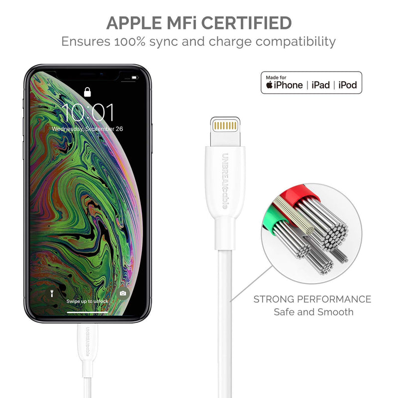 UNBREAKcable 3.3ft/1M iPhone Charger Cable - [Apple MFi Certified] Lightning Cable Fast USB Charging Cord Compatible with iPhone 11 11 Pro Max 11Pro XS XS Max XR X 8Plus 7Plus 8 7 iPad iPod -White White - LeoForward Australia