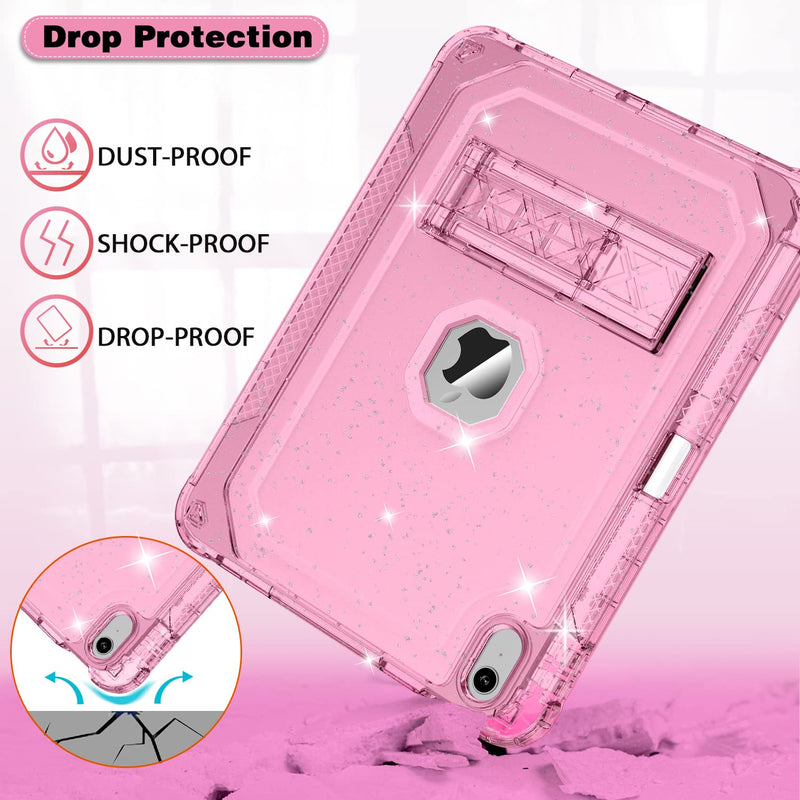  [AUSTRALIA] - ZoneFoker Case for iPad 10th Generation 10.9 inch 2022, Heavy Duty Shockproof Rugged Protective with Pencil Holder, 10.9" 10 Gen Translucent Cover with Kickstand for Kids, Pink Glitter