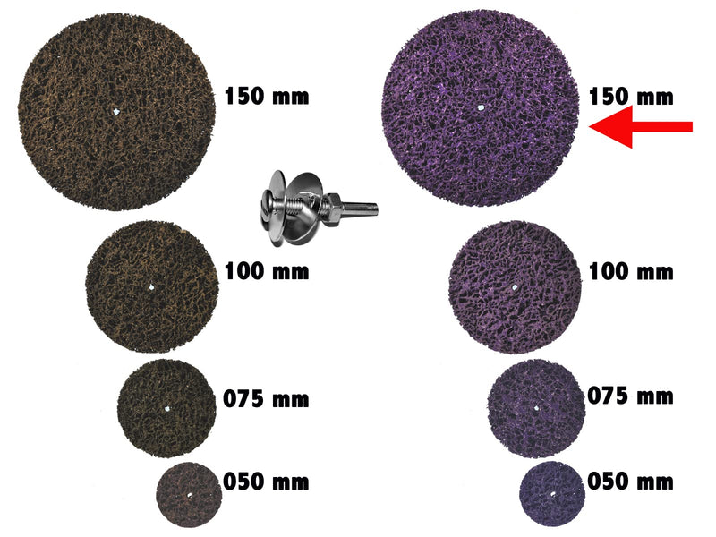  [AUSTRALIA] - Pack of 3 cleaning discs CSD Ø 150mm purple with clamping shaft/mandrel shaft for drill chuck or flexible shaft. Coarse cleaning disc CBS Clean Strip Disc Premium nylon fabric disc