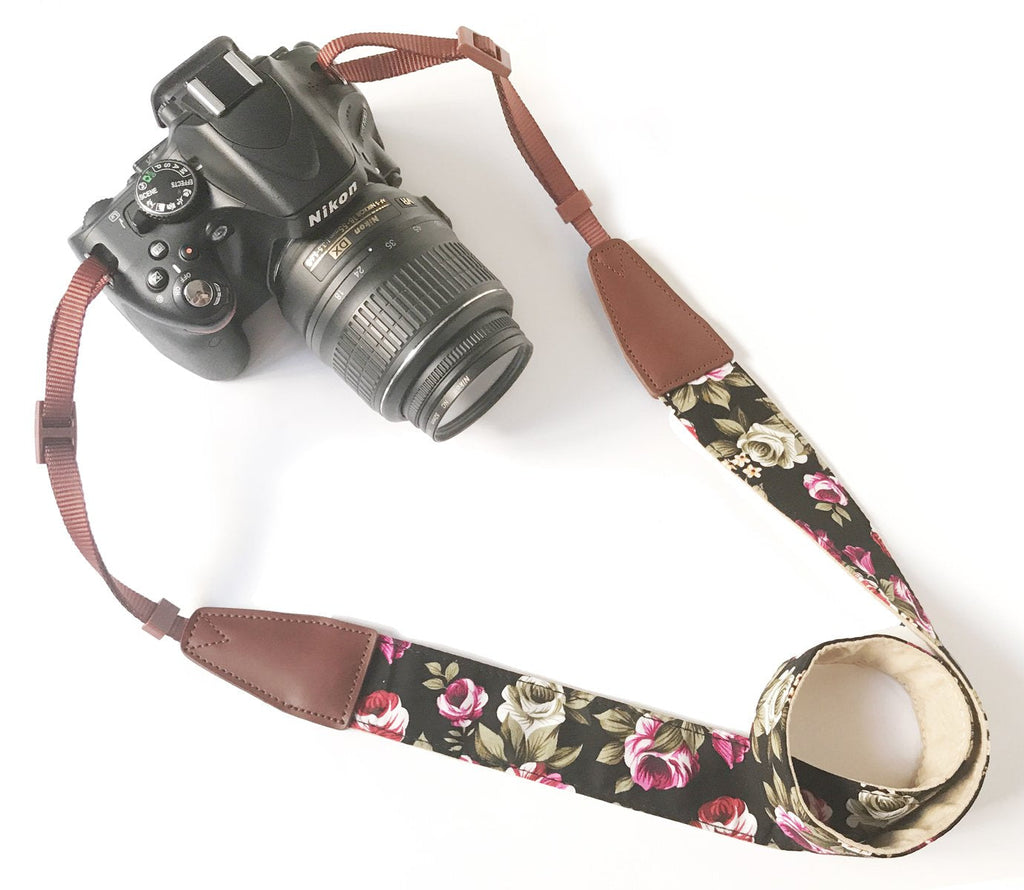  [AUSTRALIA] - Camera Strap Neck, Adjustable Vintage Floral Camera Straps Shoulder Belt for Women /Men,Camera Strap for Nikon / Canon / Sony / Olympus / Samsung / Pentax ETC DSLR / SLR Leather black print