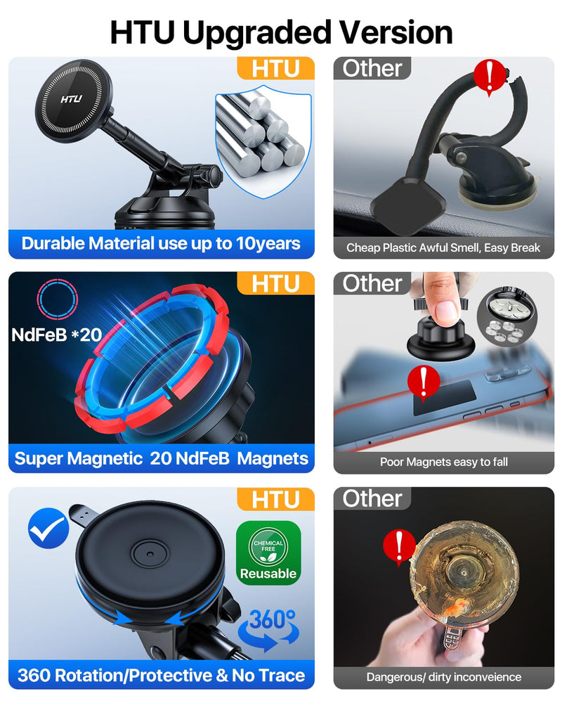  [AUSTRALIA] - HTU【Upgrade Magnet】for Magsafe Car Mount,【360°Suction Cup & Alloy Telescopic Arm】Handsfree Powerful Magnetic Cell Phone Holder for Car Dashboard Windshield, for iPhone 14 13 12 Pro Max Mini All Phone Black
